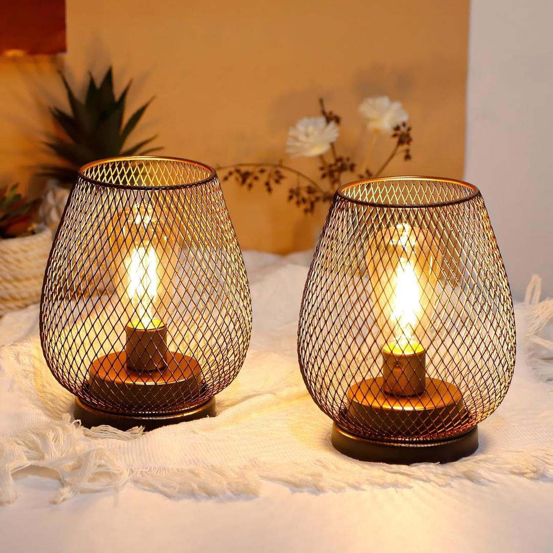 JHY DESIGN Set of 2 Metal Cage LED Lantern Battery Powered Cordless Accent Light with LED and 6-Hours Timer Great for Weddings Parties Patio Events for Indoors Outdoors