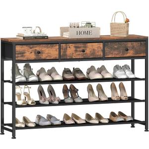 usikey 4 Tier Shoe Rack with 3 Drawers & 3 Oxford Fabric Shelves, Holds 15-18 Pairs, Metal Shoe Storage with Wood Top, Shoe Organizer for Entryway, Closet, Apartment, Rustic Brown UNYXJX022F