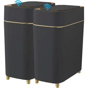 Yatmung 2-Pack - Automatic Trash Cans Touchless Motion Sensor Bathroom Trash Can - Waste Basket for Bedroom, Home Offices, Small Spaces - Compact Smart Garbage Can with Lid - Black with Gold Edge