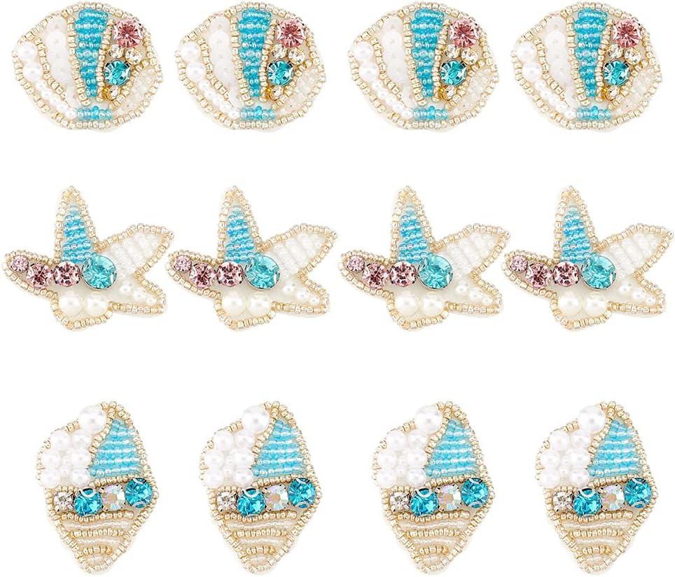 FINGERINSPIRE 12PCS 3 Style Pearl Applique Sewing Patches Starfish & Conch & Shell Shape Beading Patch Marine Creatures Beaded Appliques Sew on Patches for DIY Clothes, Bag, Hat, Shoes Decoration