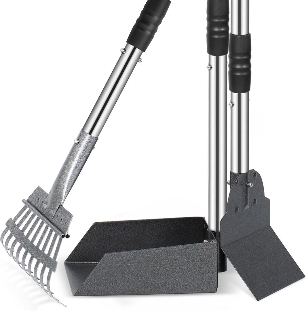 Heeyoo Dog Pooper Scooper, Dog Poop Tray and Rake Set, Pet Waste Removal Scoop with Long Adjustable Sectional Stainless Handles (Silver/Black)