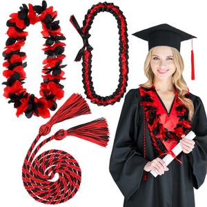 2025 Graduation Leis Set Include Hawaiian Flower Lei Garland Handmade Ribbon Necklace Braided Honor Cords with Tassels for Class of 2025 Graduation Party Favor Supplies(Red and Black)