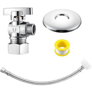 1 Pack Complete Toilet Valve Set, Includes 1/2'' Nom Inlet x 3/8'' OD Compression Outlet Angle Shut Off, Stainless Steel Toilet Water Supply Line, Escutcheon Plate, Sealing Tape (12 Inch)