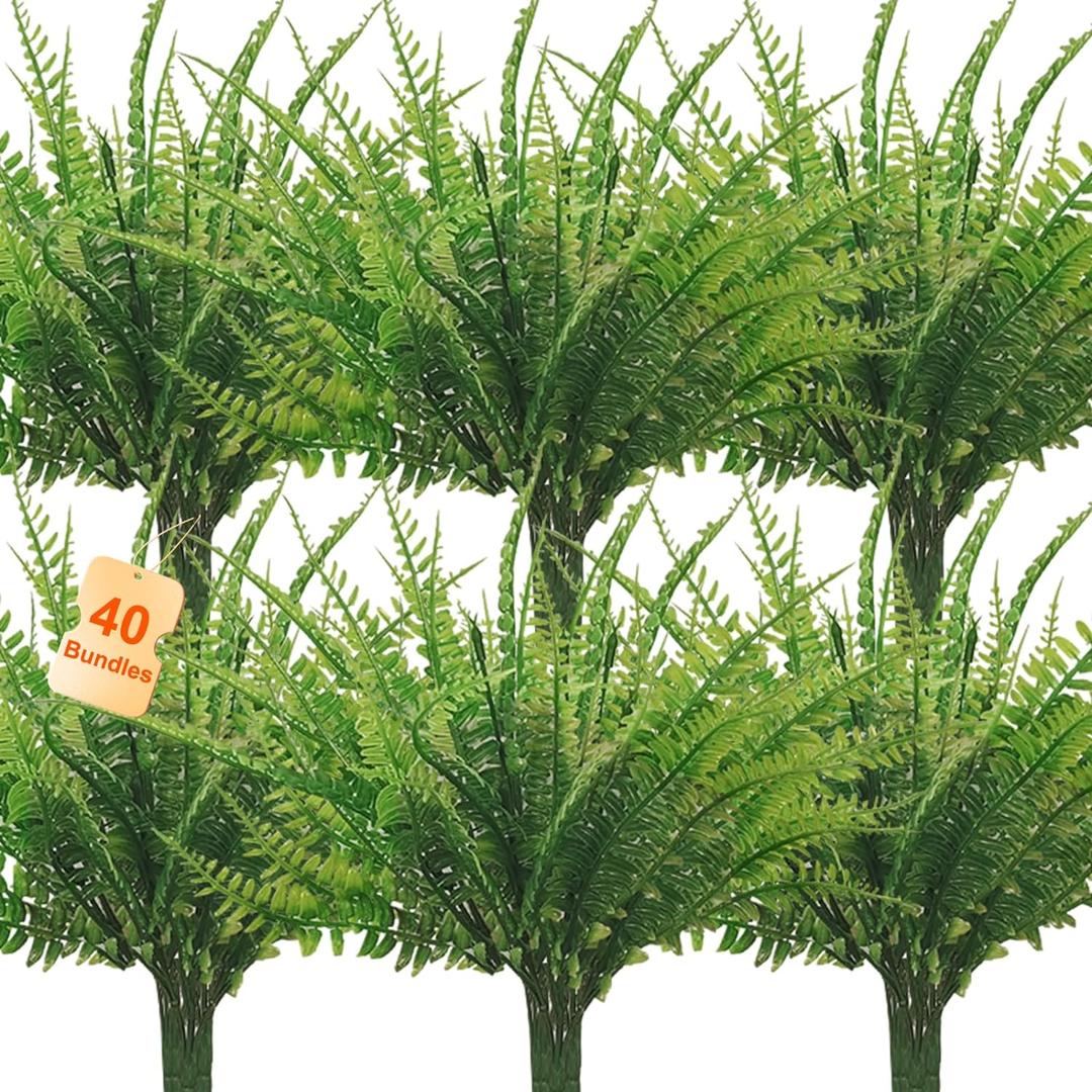 40 Pcs Artificial Boston Fake Fern Plants Bushes Faux Plants Shrubs Greenery UV Resistant for House Office Garden Indoor Outdoor Dcor