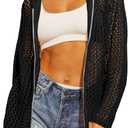 Saodimallsu Womens Crochet Lightweight Cardigans Zip Up Hooded Long Sleeve Knit Sweaters Mesh Beach Swim Cover Up (Black, M)