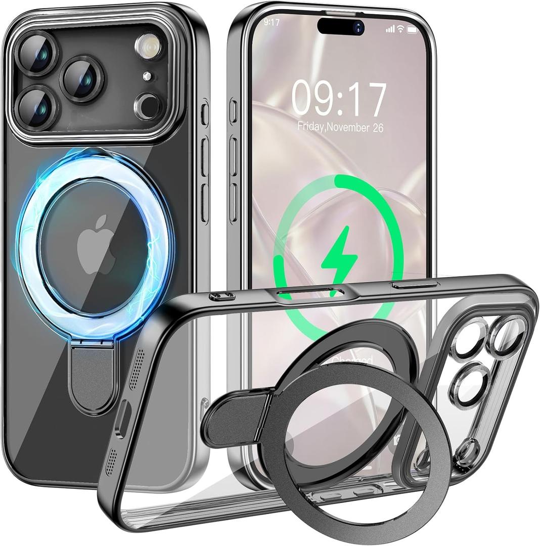 Magnetic for iPhone 17 Pro Max Case with Invisible Stand[Compatible with MagSafe][Full Camera Lens Protector][Military Drop Protection] Shockproof Not Yellowing Clear Slim Soft for Women Men (Black)