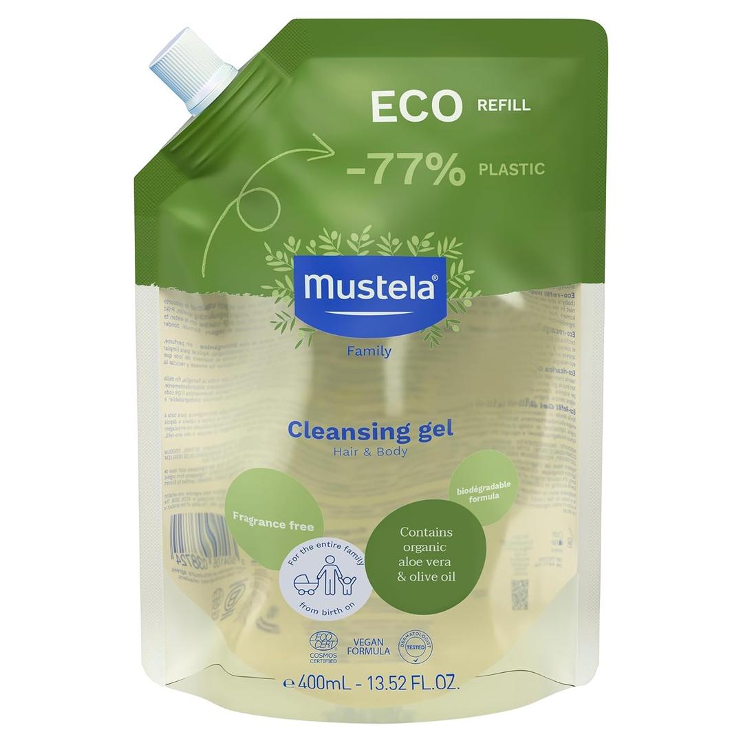 Mustela Certified Organic Cleansing Gel - Natural Hair & Body Wash with Olive Oil & Aloe Vera - For Baby, Kid & Adult - Fragrance Free, Tear Free, Vegan & Biodegradable - 13.52 fl. oz.