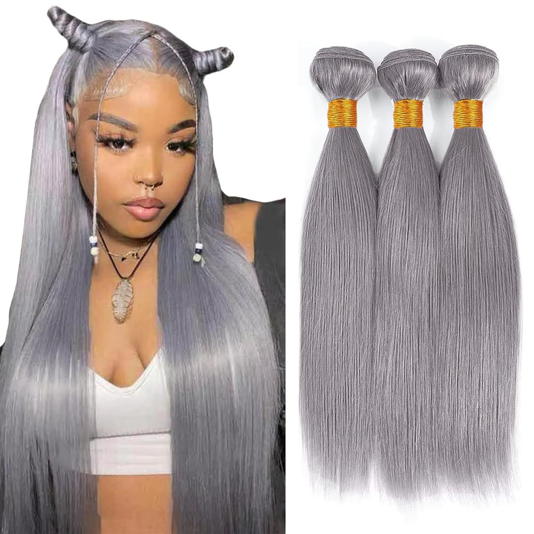 12 14 16 Inch Gray Bundles Straight 3 Bundles Human Hair Brazilian Remy Hair 50 Grams/Bundle 10A Grade Unprocessed Virgin Hairs Silver Grey Color Straight Bundle Weaves Extensions