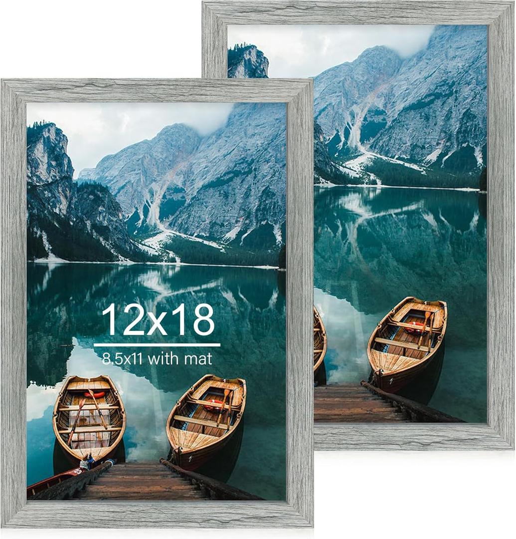 12x18 Frame Set of 2, Rustic Grey Wood Style, Display 12 x 18 Poster without Mat or 8.5x11 Picture with Mat, Wall Mounting Horizontal and Vertical