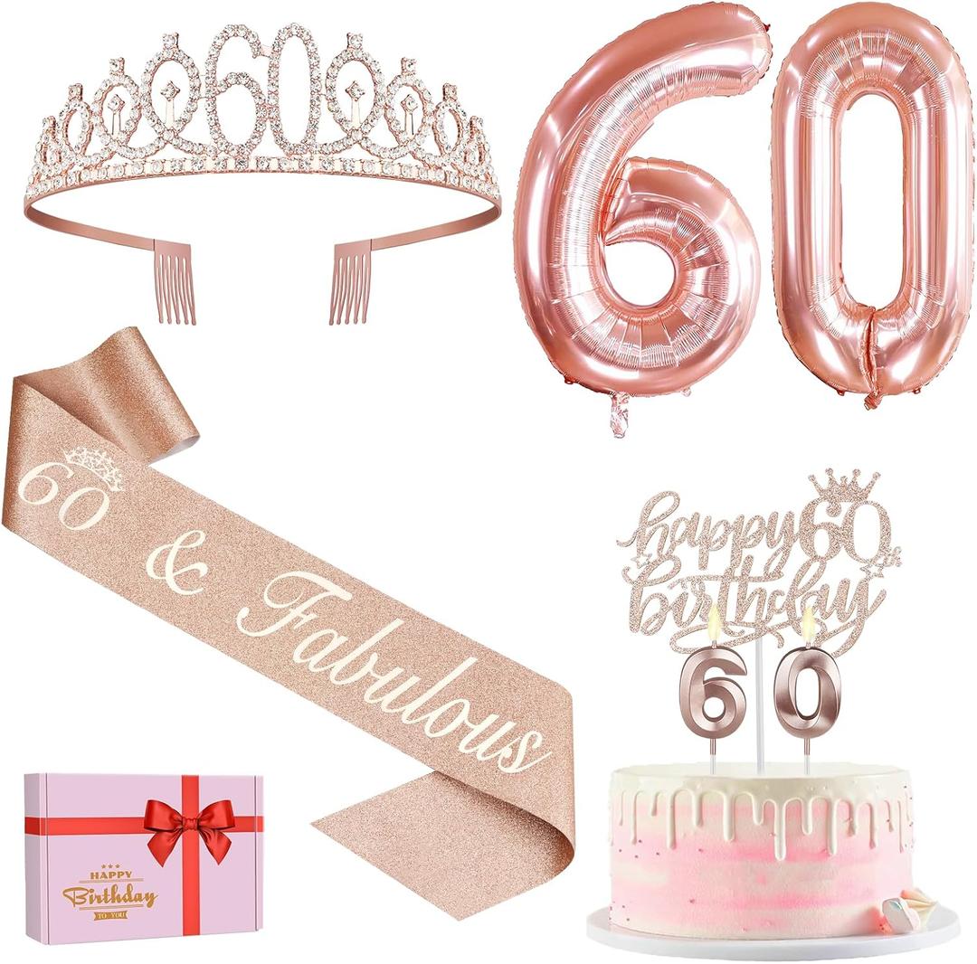 60th Birthday Decorations for Women, Include 60th Birthday Sash and Tiara, Cake Topper and Candles, Number Balloons, 60 Year Old Gifts Women