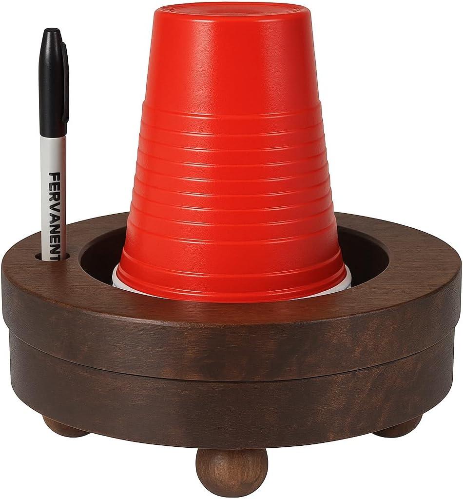 Wooden Party Cup Holder with Marker Slot, Disposable Solo Cup Holder Dispenser for Kitchen Bathroom- Paper Cup Drink up Organiser Rustic Finish 6" x 6" x 3" Inches Gifts Ideas (Walnut)