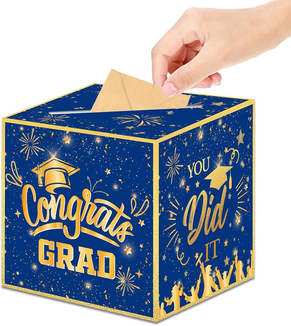 3 x Graduation Decorations 2026 Graduation Card Box Blue Gold Congrats Grad Gifts Cardboard for Class of 2026 High School College Grad Party Decor 8.7 Inch