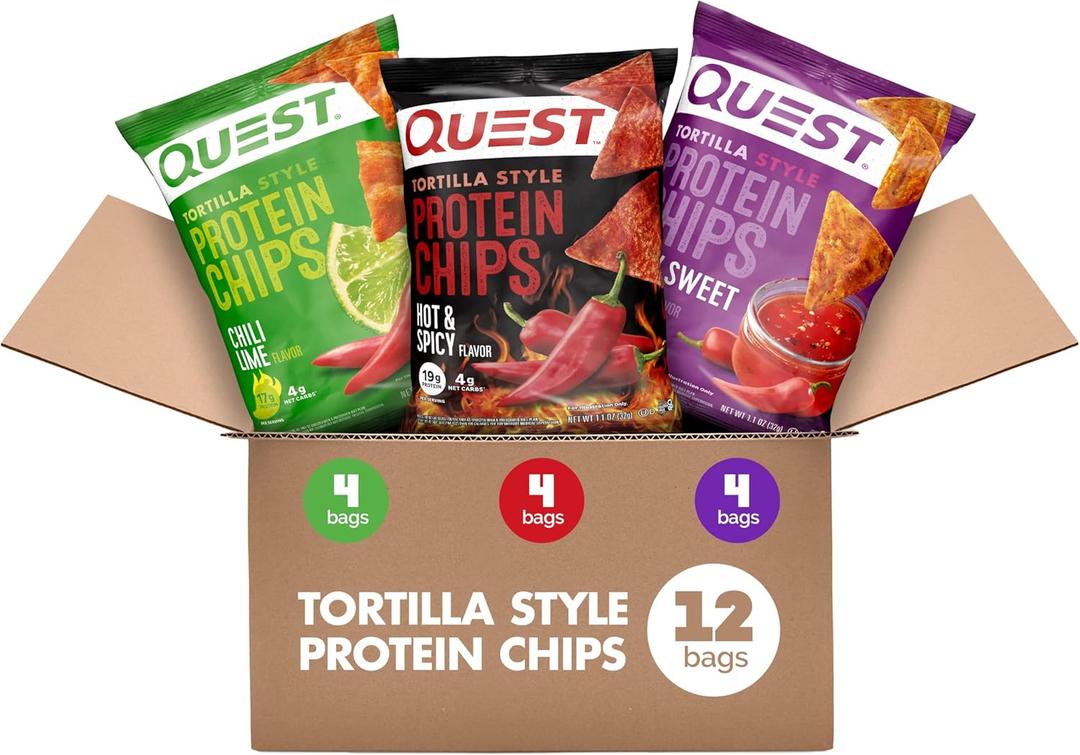 Quest Nutrition Tortilla Style Protein Chips, Spicy Variety Pack, Chili Lime, Hot & Spicy, & Spicy Sweet Chili, 12 Count (3 Each Flavor) BBD:09-12-2026