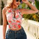 2026 Women's Summer Halter Top V Neck Print Sleeveless Tie Back Mesh Backless Crop Camisoles Tops (Green, L)