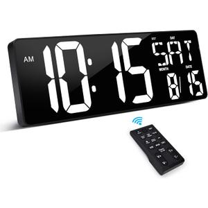 XREXS Large Digital Wall Clock with Remote Control, 17.2 Inch LED Large Display Count Up & Down Timer, Adjustable Brightness Plug-in Alarm Clock with Day/Date/Temperature for Living Room, Office, Gym