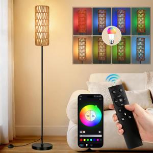 FRIDEKO HOME Boho Floor Lamp for Living Room with Smart RGB Bulb, Black Standing Lamp with Remote, Color Changing Tall Lamps with Music Sync for Bedroom (1-Black)