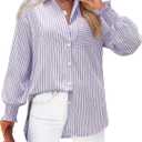 siliteelon Lavender Striped Button Down Shirts for Women Long Sleeve Blouses Collared Smocked Cuff Boyfriend Plus Size Business Casual Tops Pocket (White, S)