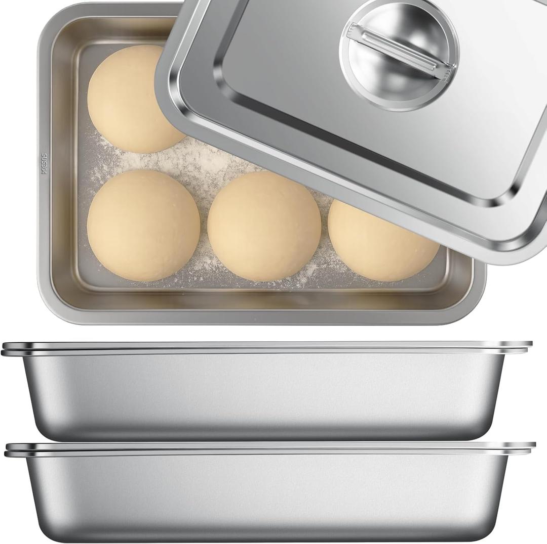 Pizza Dough Proofing Box 304 Stainless Steel - 15.7 x 12 Inch Bread Proofing Box and Dough Container - 2 Pack Stackable Pizza Storage Container, Fits 4-6 Dough Balls