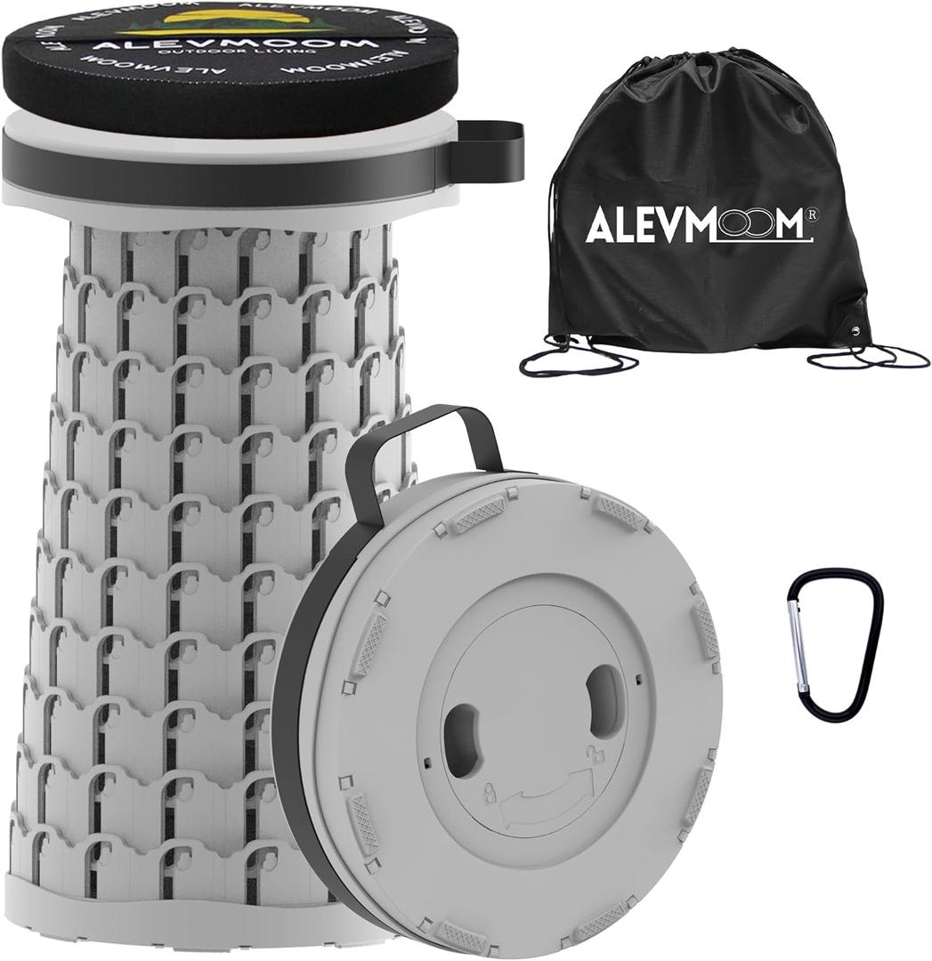 ALEVMOOM Upgraded Collapsible Stool with Cushion & Bag, 18" H Portable Retractable Telescoping Folding Stool for Adults, Lightweight But Sturdy Capacity 600 lbs for Camping Fishing Hiking Travel (Grey)