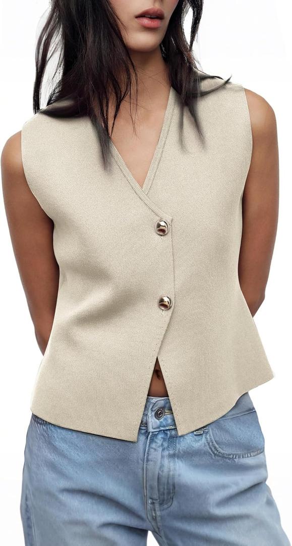 Sweater Vest Women Vest Tops Button Down Sleeveless Cute Vest 2025 Summer Spring Work Business Casual Outfits (Small, Light Khaki)