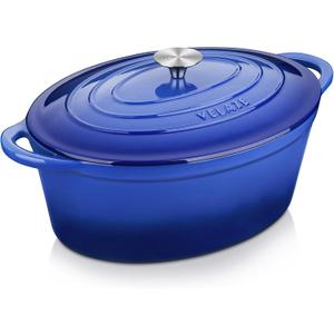 Velaze 7.5 QT Enameled Oval Dutch Oven Pot with Lid, Cast Iron Dutch Oven with Dual Handles for Bread Baking, Cooking, Frying, Non-stick Enamel Coated CookwareBlue)