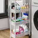 Giwil Slim Rolling Storage Cart 4 Tier Bathroom Organizer Mobile Shelving Unit Utility Cart with Wood Top and Handle for Kitchen Laundry Narrow Places, White