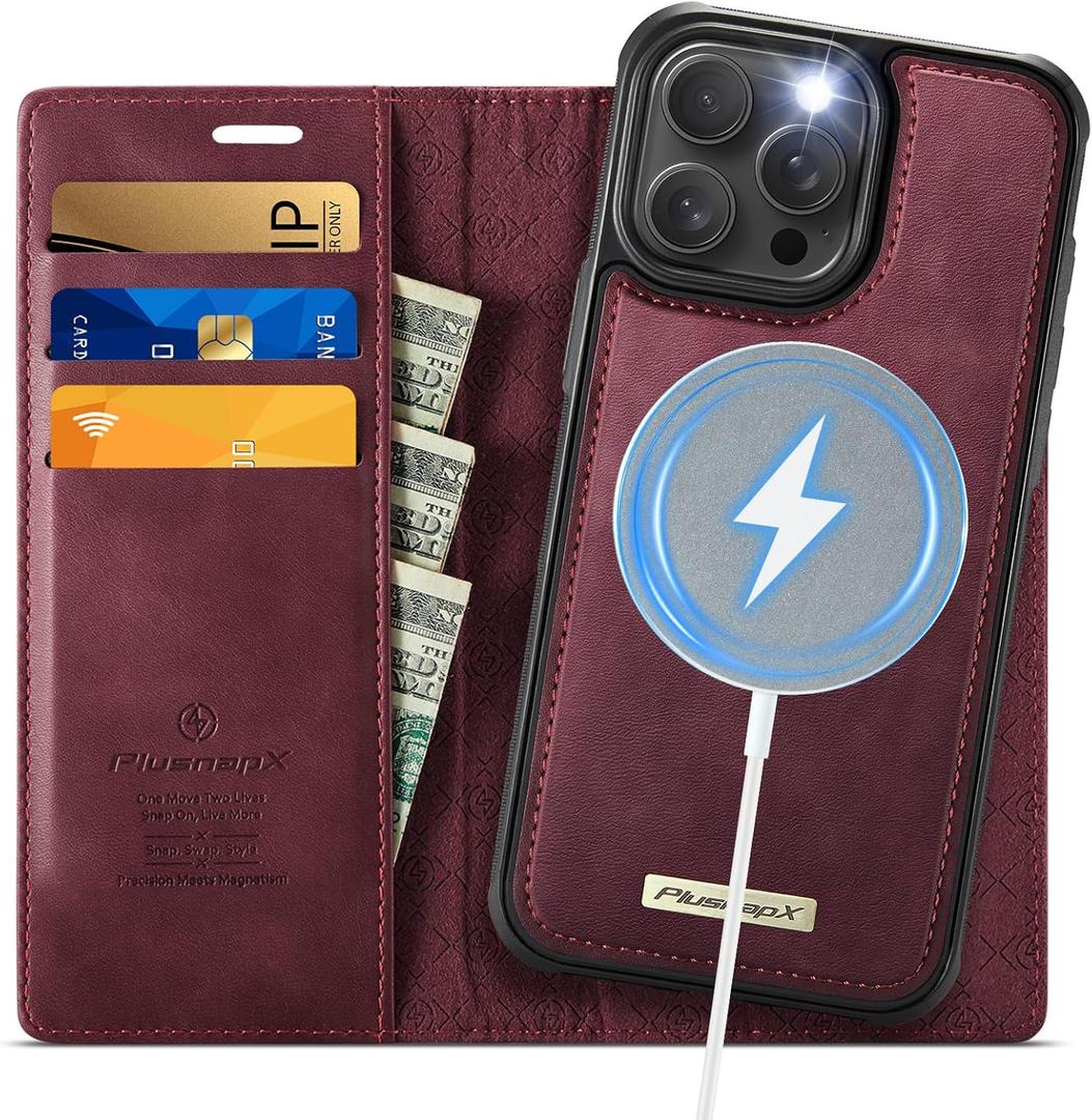 Wallet Case for iPhone 14 Pro Compatible with Magsafe, 2-in-1 PU Leather Flip RFID Blocking Card Holder Stand Shockproof Magnetic Detachable Case for iPhone 14 Pro Case 6.1", Burgundy