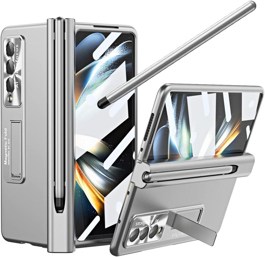 for Samsung Galaxy Z Fold 4 Case with S Pen & Pen Holder, [Hinge Protection] [Built-in Screen Protector] [Kickstand Feature] All-Inclusive Slim PC Phone Case Cover for Z Fold 4 2022 - Silver
