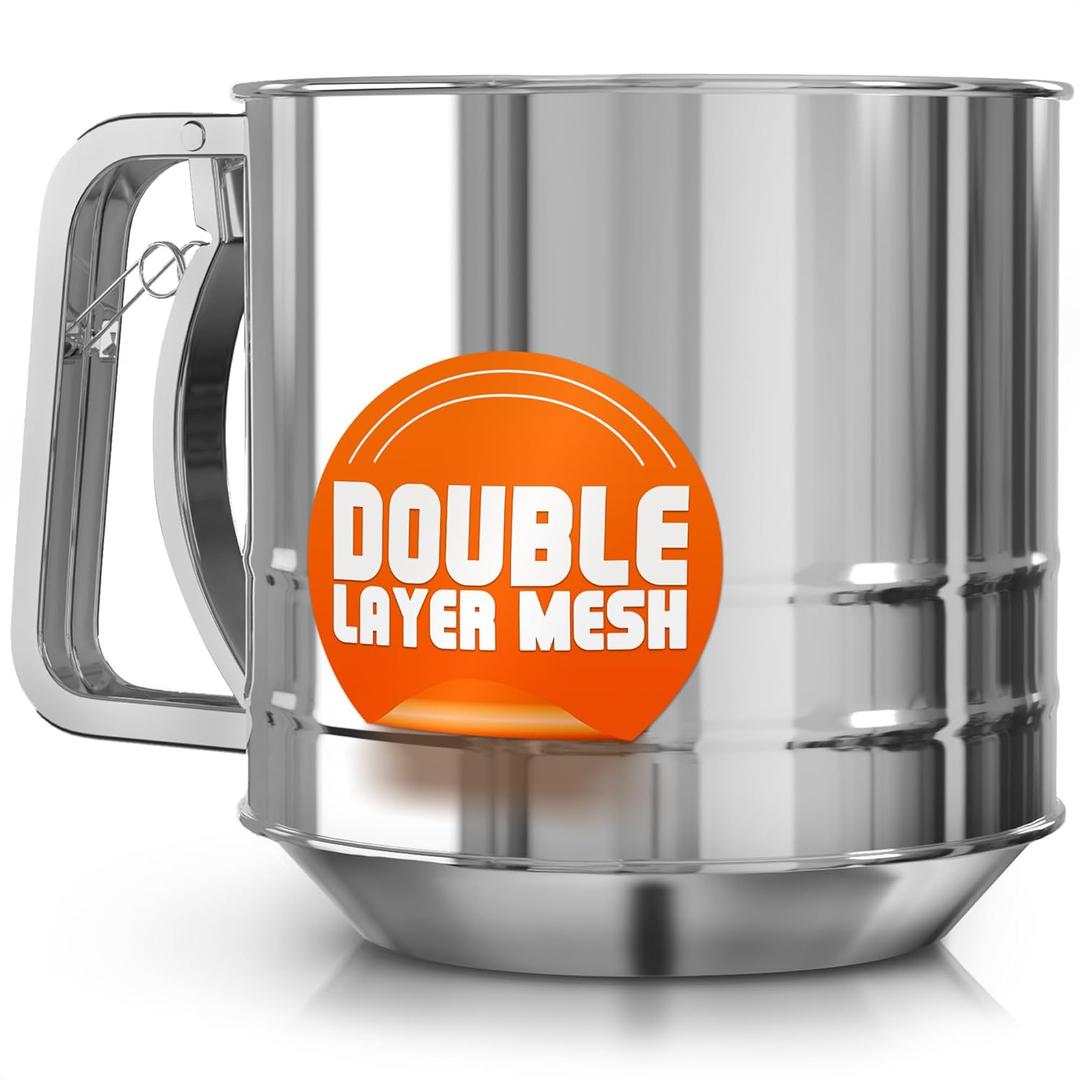 5 Cup Flour Sifter for Baking  Flour Sifter Stainless Steel (5.1" x 5.1") with Double Mesh  One-Hand Operation, Designed for Quick & Easy Sifting