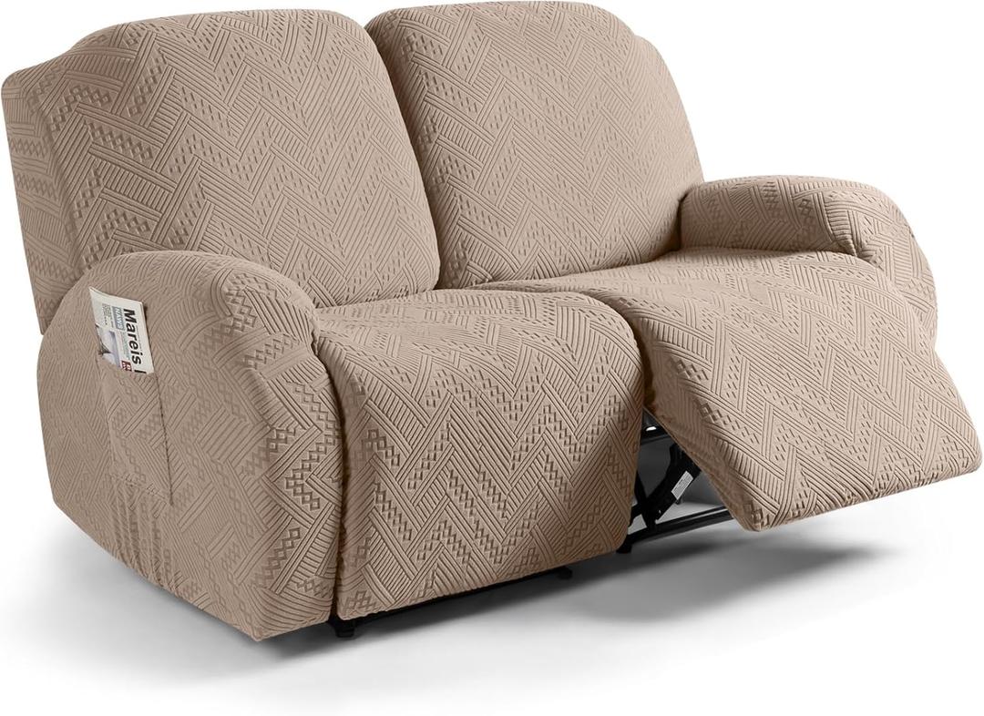 Ruaozz Recliner Sofa Covers Recliner Chair Covers Extra Wide Loveseat Recliner Slipcovers with Pockets Washable Furniture Protector with Elastic Bottom (2 Seater-X Large, Khaki)