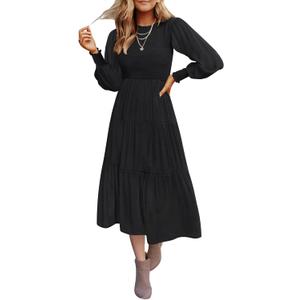 ZESICA Women's Casual Long Sleeve Crew Neck High Waist Smocked Flowy Tiered Midi Dress (Medium, Pureblack)