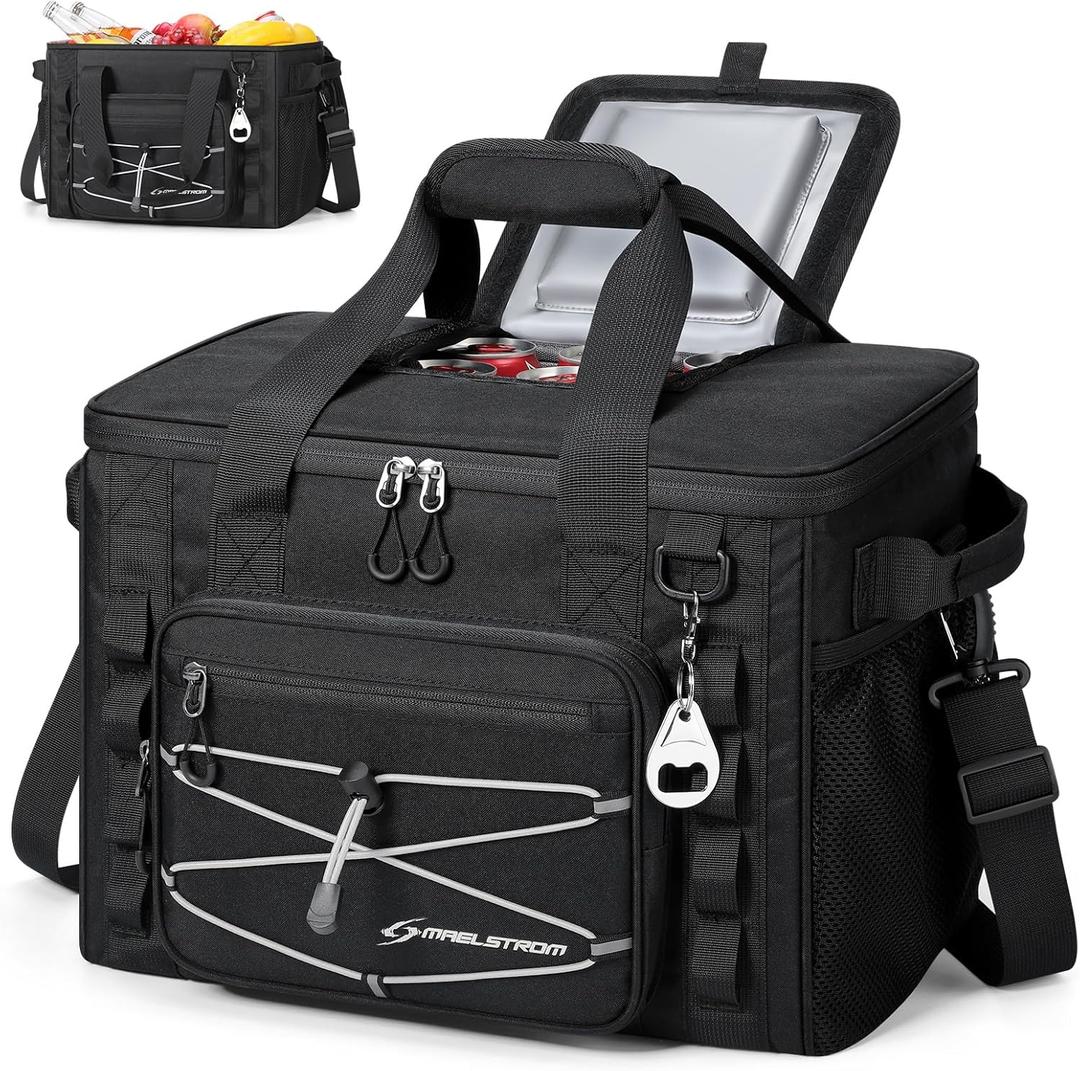 Maelstrom Soft Sided Cooler Bag, 30/40 Can Collapsible Insulated Ice Chest, Large Leakproof Camping & Travel Cooler for Kayaking & Beach (4.Black with Velcro Top)