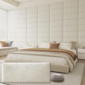 Upholstered Headboard for Queen Size Bed, Wall Mounted & Peel and Stick Headboard, Soundproof DIY Wall Panels, Leather Head Board in Modern Design for Bedroom (9 Panels, Each 23.62"x9.84" (Ivory White-leather)