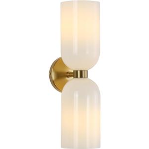 Minimalist 2-Light Gold Wall Sconces with Cylinder Glass Shades- Mid Century Vanity Wall Double Lights Hardwired- Modern Indoor Glass Wall Mounted Art Decor Lights (Milky White, 1 Pack)