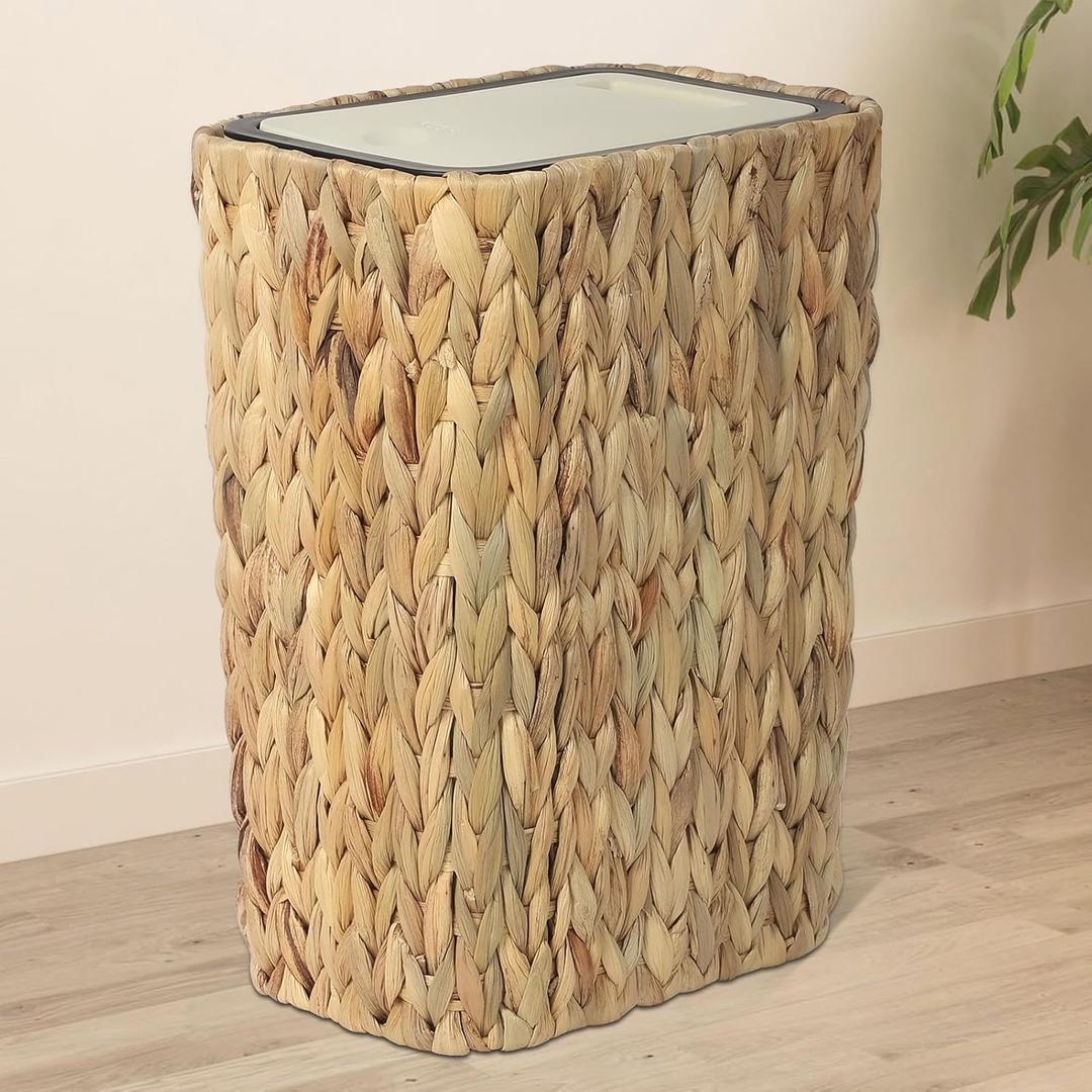 Boho Trash Can with Lid for Bathroom,2.6 Gallon Small Rattan Garbage Can with Press Top Lid,Woven Wastebasket and Hamper 2 in 1 Wicker Trash Basket for Bathroom,Kitchen,Living Room,Bedroom (Water Hyacinth)