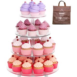 Jusalpha Large 4 Tier Cupcake Stand,Acrylic Round Cake Stand Dessert Tower Tea Party Serving Platter, Cupcake Tree Wedding Party Dcor, Stand with Rod Feet (4RF)