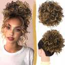 PEACOCO Messy Bun Short Curly Ponytail Extension Elastic Drawstring Loose Hair Bun for Women with Thinning Hair High Temperature Synthetic Fiber Hair Bun Extension 80g, Brown Mixed Dark Blonde