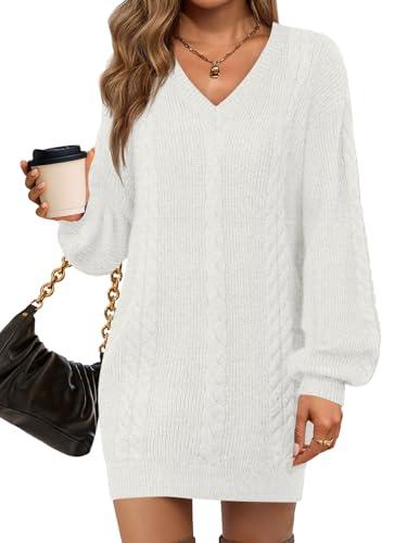 Saodimallsu Womens V Neck Mini Sweater Dress Cable Knit Long Lantern Sleeve Casual Loose Fall Tunic Pullover Sweaters White Size L