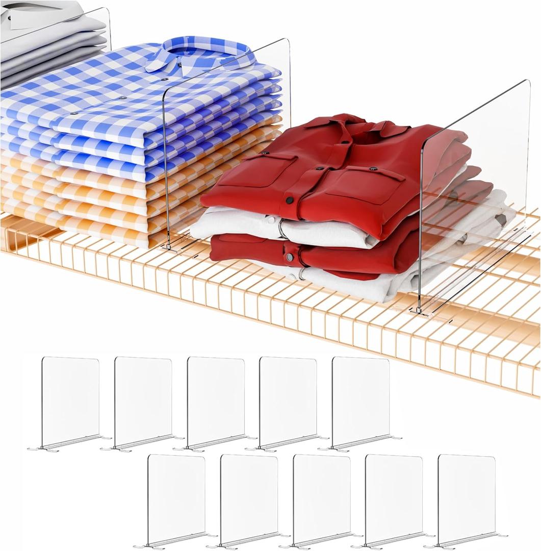 Clear 10 Pack Wire Shelving Closet Organizer-No Tool-Acrylic Closet Shelf Organizers and Storage,8.5" Tall Top Shelf & Closet Separators for Shirt,Sweater,Handbag,Sweatshirt Wire Closet Organizer