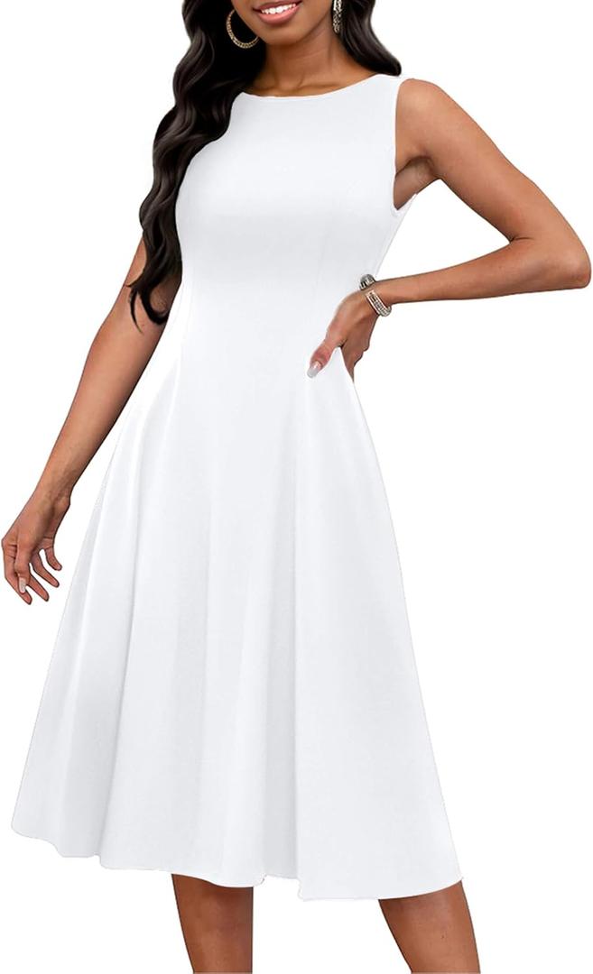 FANDEE Women's Sleeveless Cocktail Dress Vintage A Line Fit and Flare Elegant Midi Dresses for Women with Pockets (White)