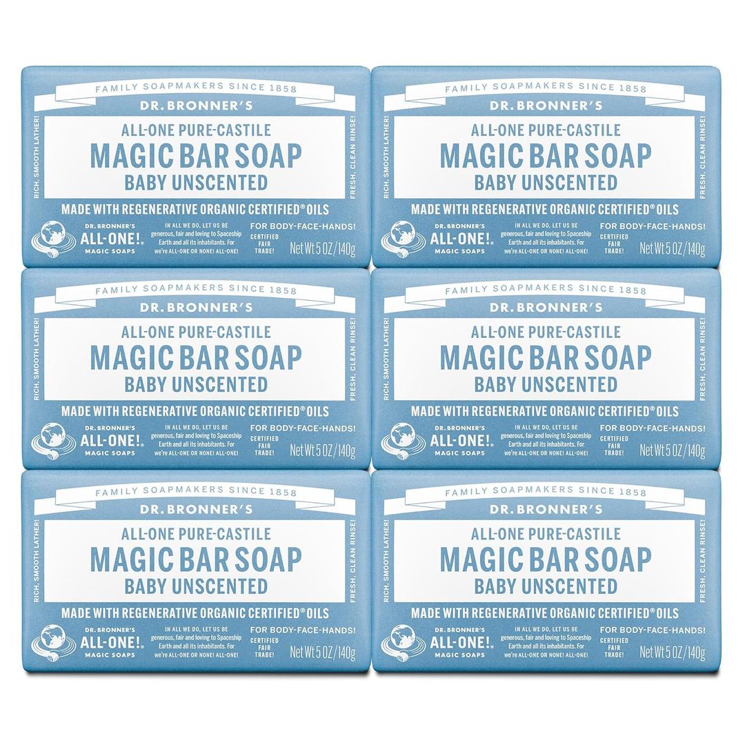 Dr. Bronner's Pure-Castile Magic Bar Soap (Baby Unscented, 5 oz, 6-Pack) - Made with Regenerative Organic Certified Oils, For Face, Body & Hair, Gentle for Sensitive Skin - Vegan, Non-GMO