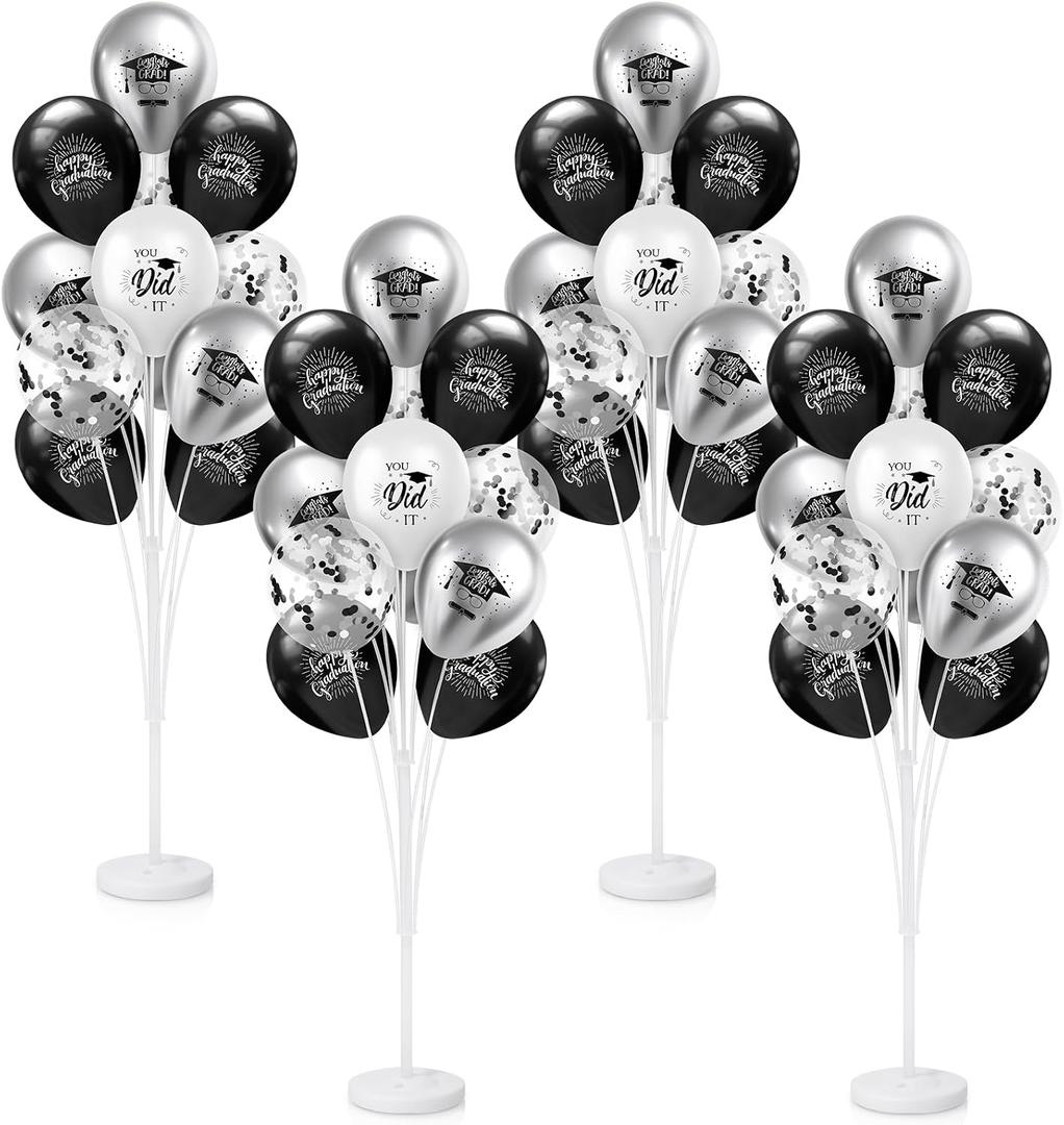 Kasyat 4 Set Black and Silver Graduation Balloons Stand High 53 Inch Class of 2026 Balloon Column Stand Kit Congrats Grad Latex Balloons for Graduation Floor Table Centerpieces Party Decoration