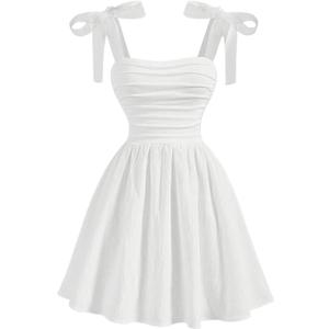 WDIRARA Girl's Smocked Ruched A Line Swing Dresses Tie Shoulder Cami Dress (White,9 years old)