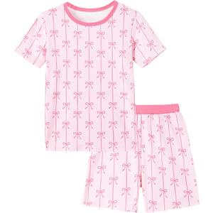 Mikrdoo Girls Pajamas 2-Piece Summer Soft Cotton Short Sleeve Toddler Sleepwear Snug Fit PJs for Kids Size 2-14 Years (Pink)
