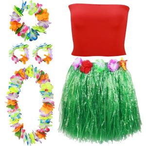 Yahenda 6 Pcs Women Hawaiian Costume Hula Grass Skirt with Crop Top Flower Necklace Bracelet Set Outfit for Luau Party (Medium)