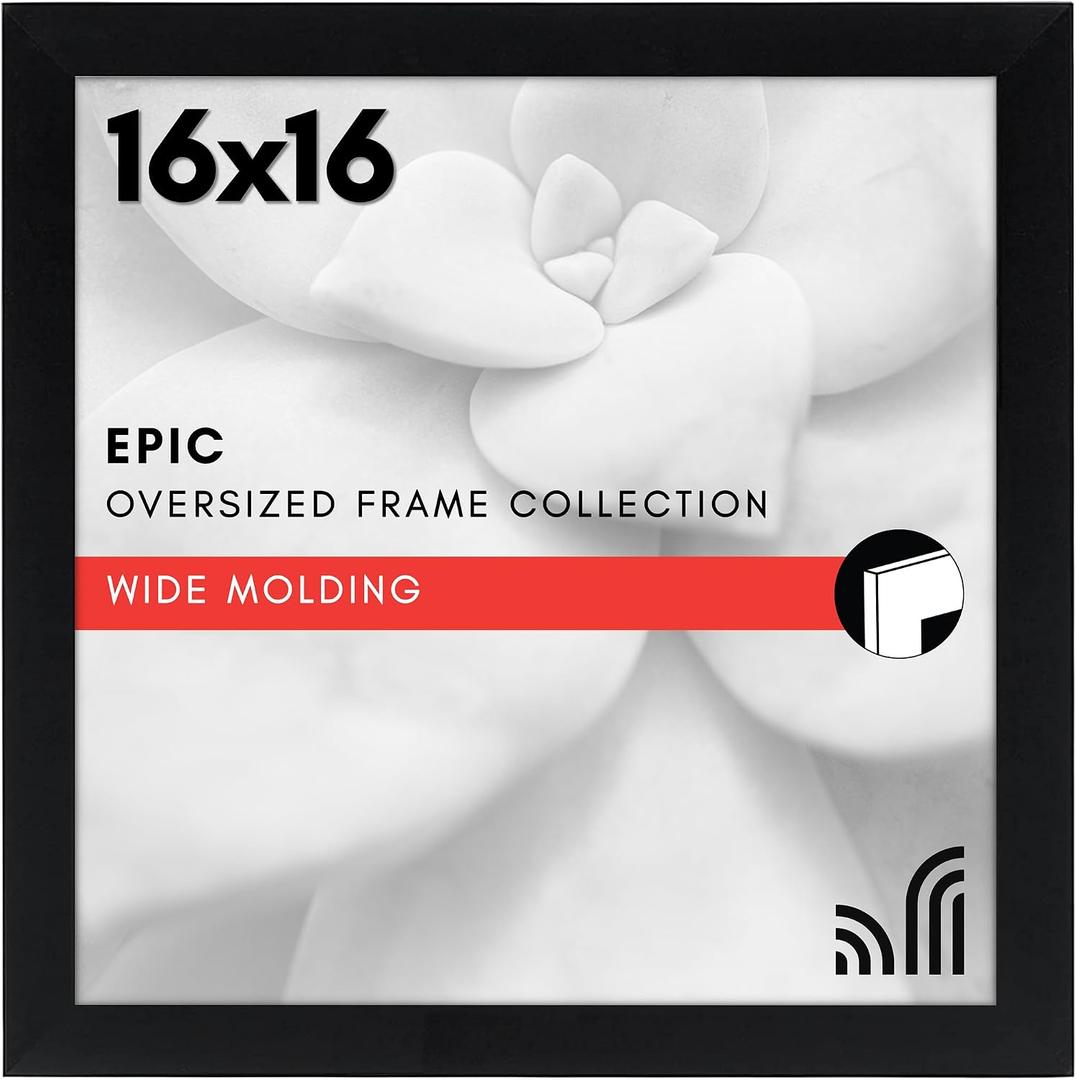 Americanflat 16x16 Poster Frame - Black Engineered Wood with Polished Plexiglass - Wide Picture Frame for Vertical or Horizontal Wall Display - Epic Collection - Black | Polished plexiglass front, hangs vertical or horizontal, sawtooth hangers included, secure turn-tab backing