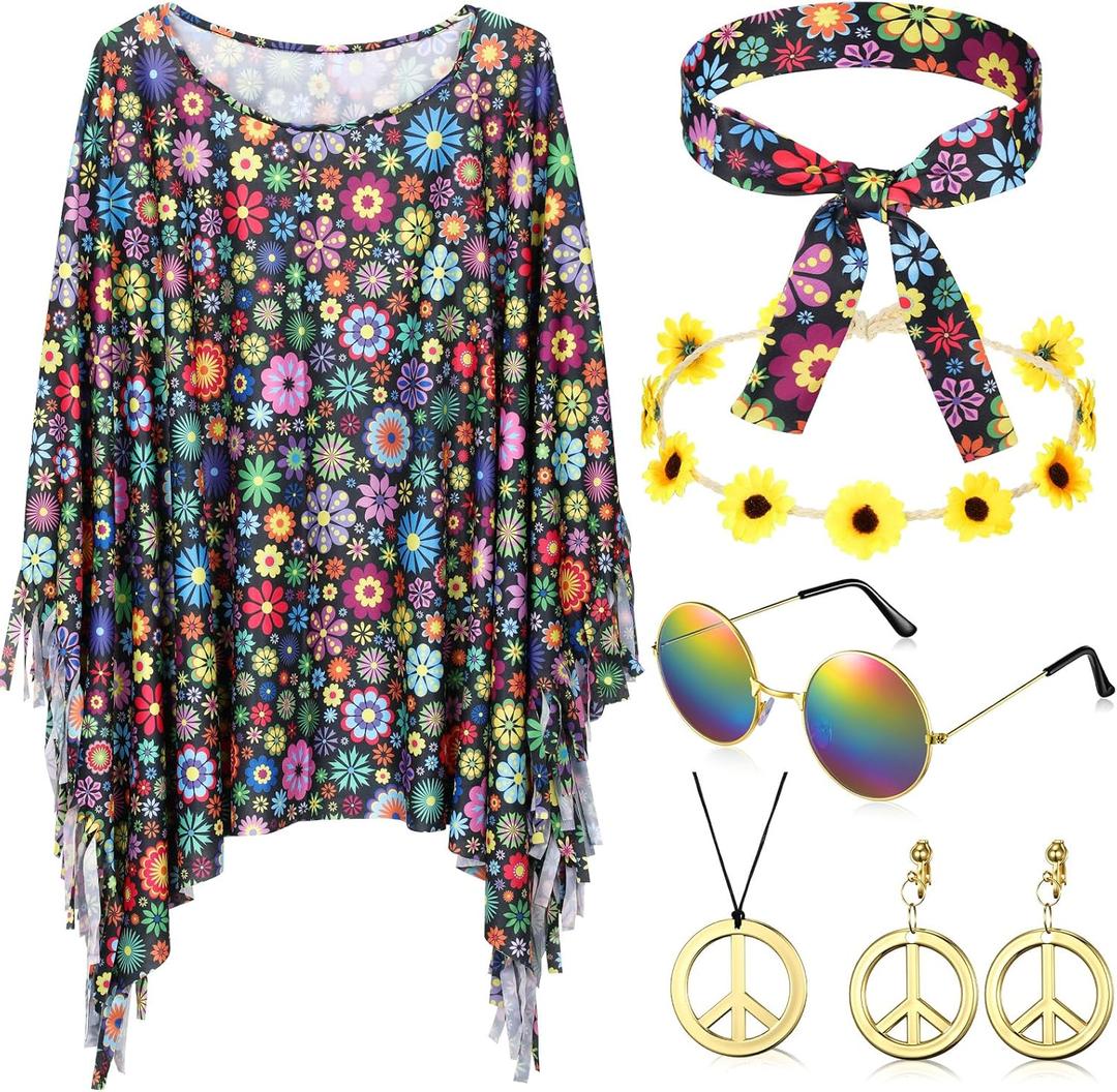 Hicarer 6 Pcs Hippie Costume Accessories Set Includes Headband Poncho Necklace Earrings Sunglasses for Women Girls, One size