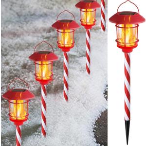 Dynaming 6 Pack Christmas Solar Flame Garden Lights Outdoor, Dual Use Flickering Flame Torch Candy Cane Pathway Marker, Xmas Hanging Lantern Lights, Waterproof & Auto On/Off for Patio Walkway Driveway (Red and White)