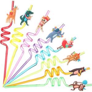 LemonRoad 24 Pcs Reusable Animal Parade Straws Plastic Twisty Silly Crazy Curly Drinking Straws Cute Straw for Adult Animal Parade Gifts Birthday Party Family Reunion Favor