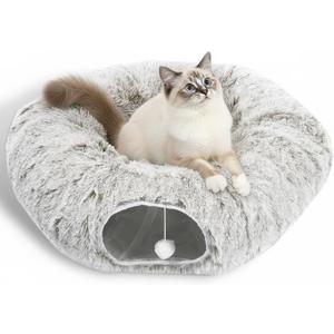 AUOON Cat Tunnel Bed for Indoor Cats - Large Cat Donut Tunnel with Hanging Ball Toy, Collapsible 2-in-1 Multifunctional Interactive Cat Toy for Kitten, Puppy, Rabbit, Ferret (Khaki)